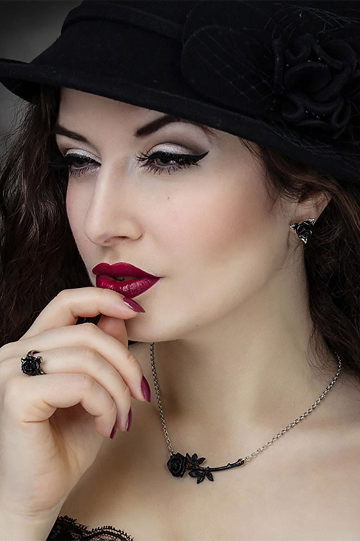 gothic black rose stud earrings