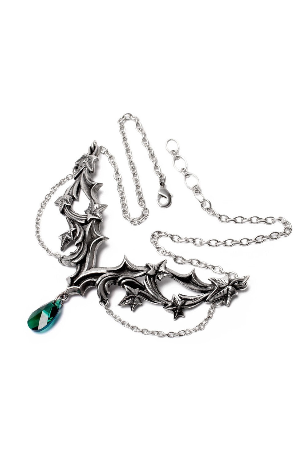 alchemy england elven fantasy gothic necklace with leaves of ivy and a green gemstone crystal 