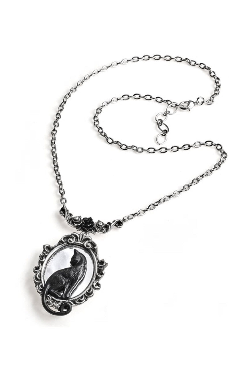 Silver necklace with a pendant featuring a cat design on a white background