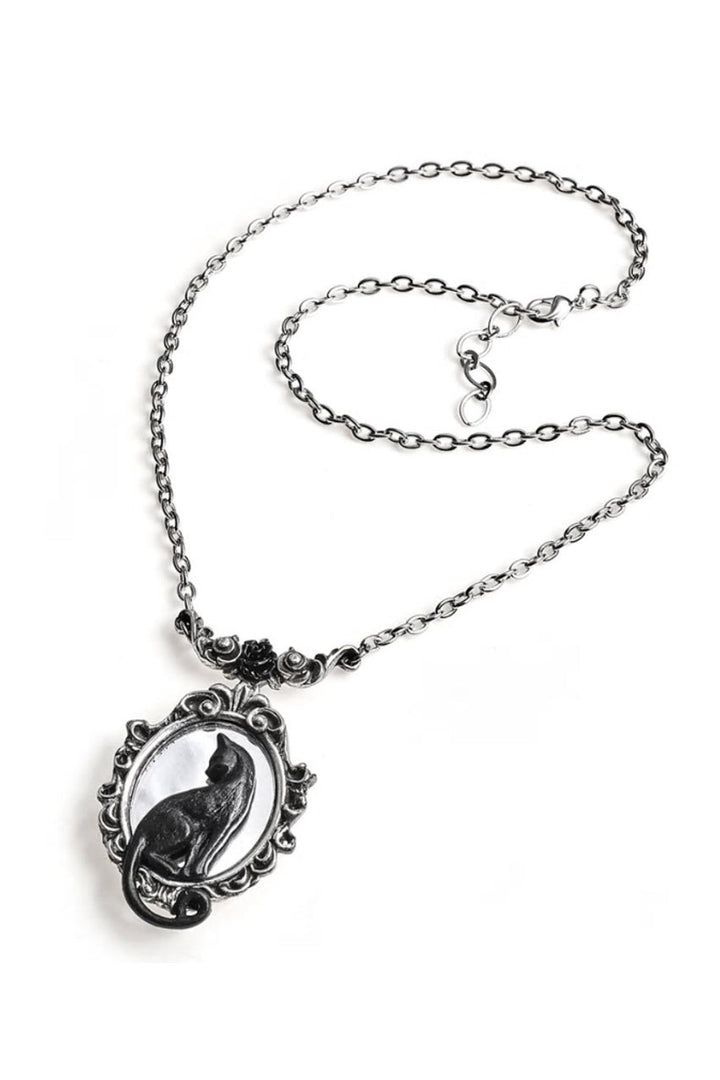 Silver necklace with a pendant featuring a cat design on a white background