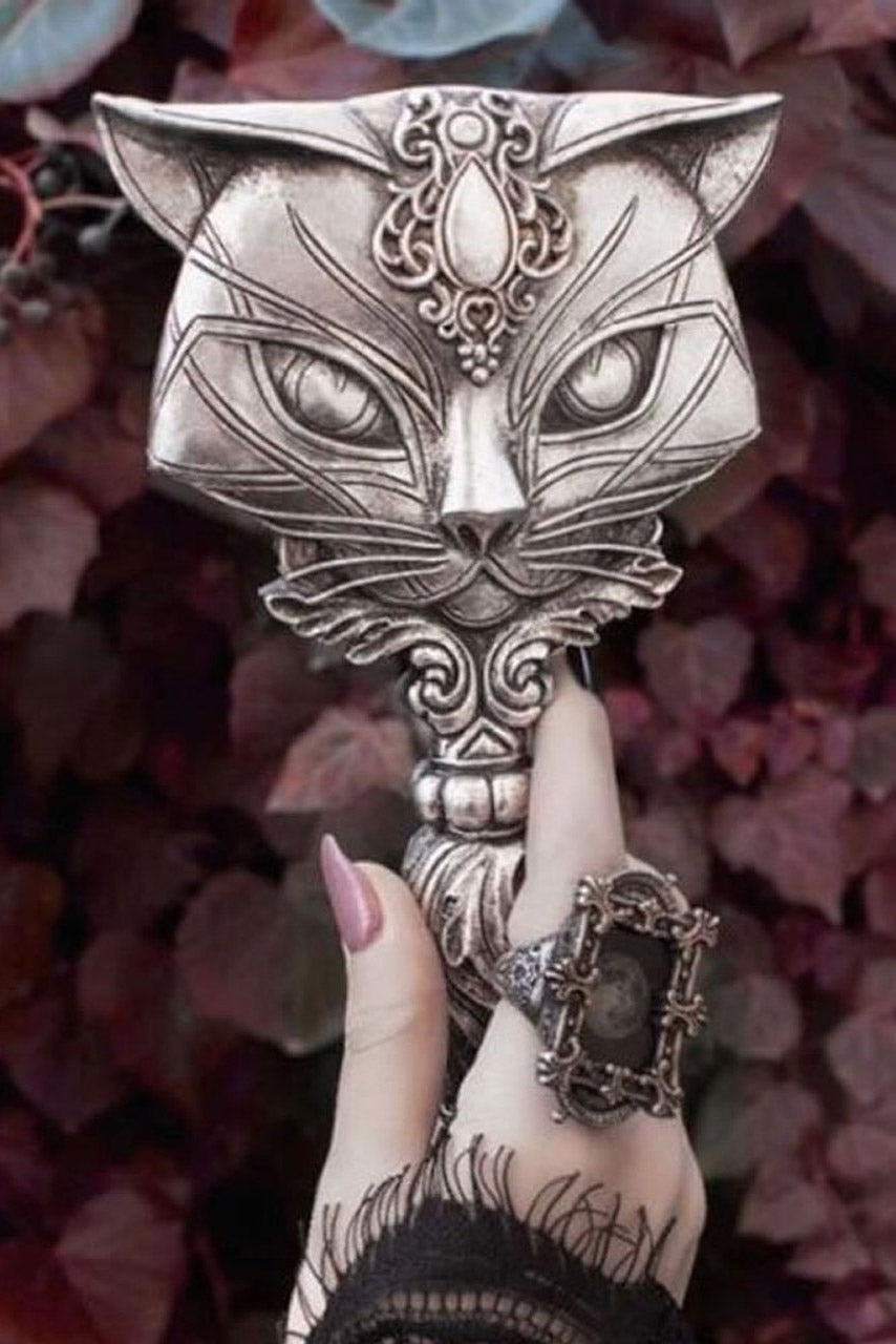 silver victorian goth hand mirror for makeup 