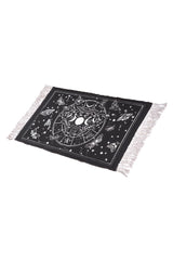 Woven rug with lunar moth surrounded by a tapestry of starry constellations, phases of the moon, and smaller moths