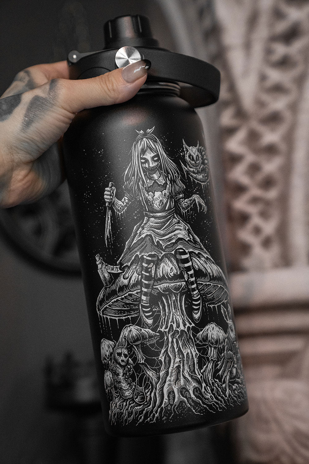 steel dark alice in wonderland travel cup