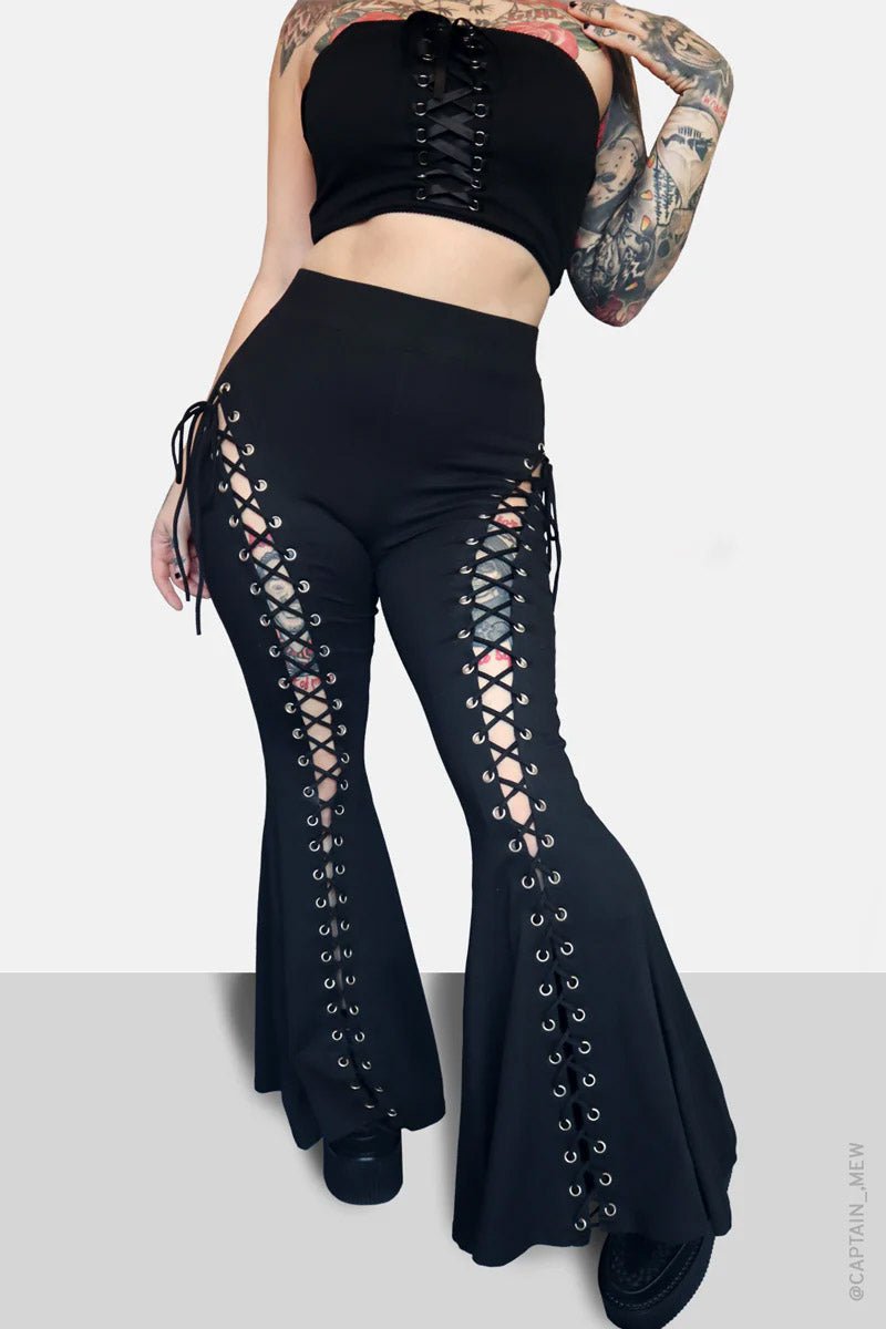 Alice Lace - Up Flare Pants - womens bottoms - VampireFreaks - Forest Ink