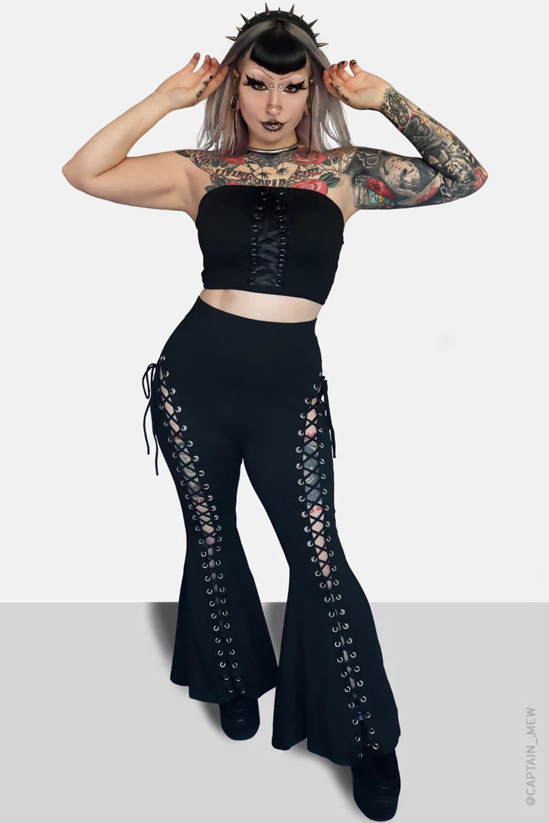 Alice Lace - Up Flare Pants - womens bottoms - VampireFreaks - Forest Ink