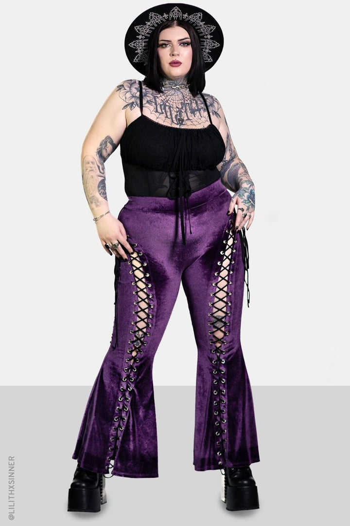 Amethyst Alice Lace Up Flare Pants - womens bottoms - VampireFreaks - Forest Ink