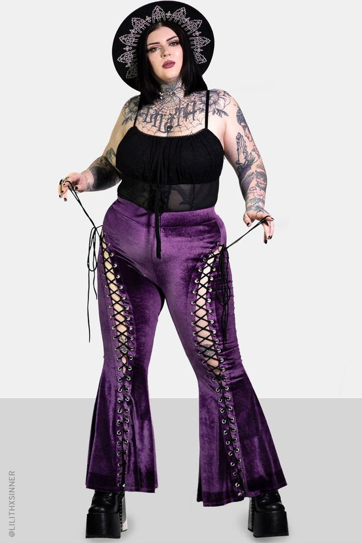 Amethyst Alice Lace Up Flare Pants - womens bottoms - VampireFreaks - Forest Ink