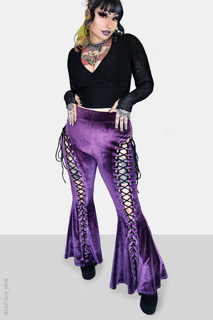 Amethyst Alice Lace Up Flare Pants - womens bottoms - VampireFreaks - Forest Ink