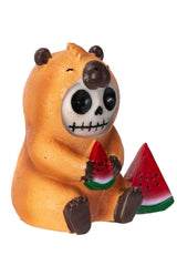 Skeleton capybara statue  holding a watermelon on a white background by furrybones