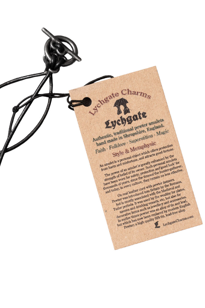 pewter distressed crescent moon witch necklace on leather cord with tag