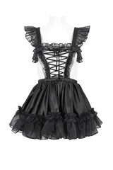 Black lace dress with ruffled details on a white background