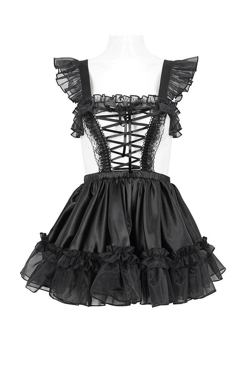 Black lace dress with ruffled details on a white background