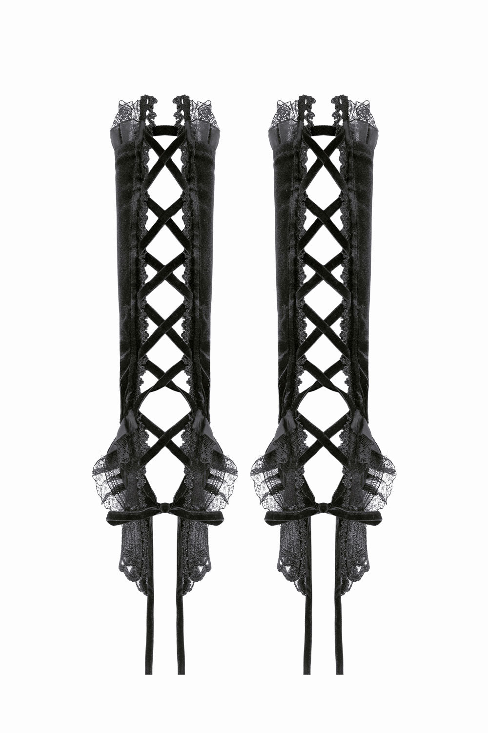 Black lace up arm warmers with lace and ribbon