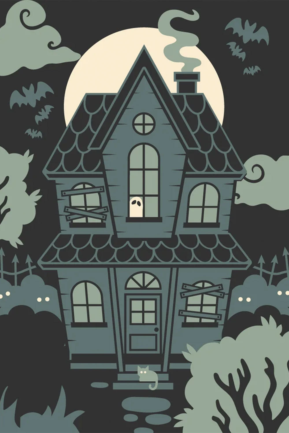 haunted house with full moon ghost and cat