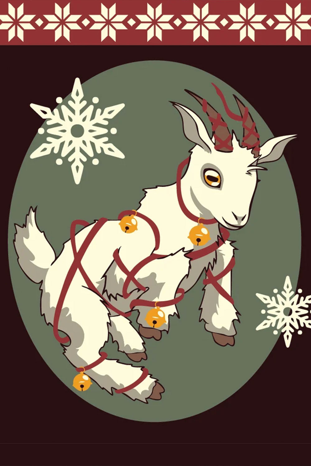 White goat tangled in christmas bells with snowflakes on red and green background