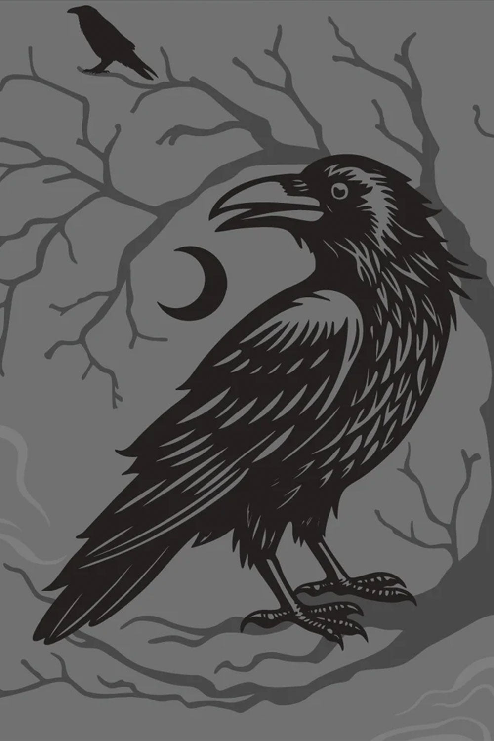 Black and gray artwork of crow in tree