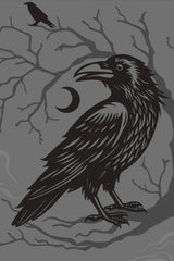 Black and gray artwork of crow in tree
