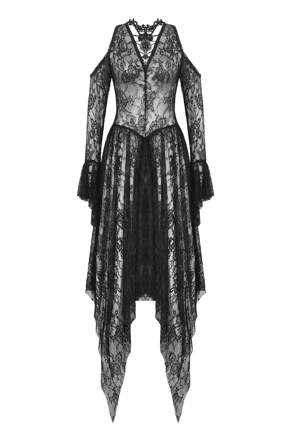 ruffled mesh lace cold shoulder embroidered dress