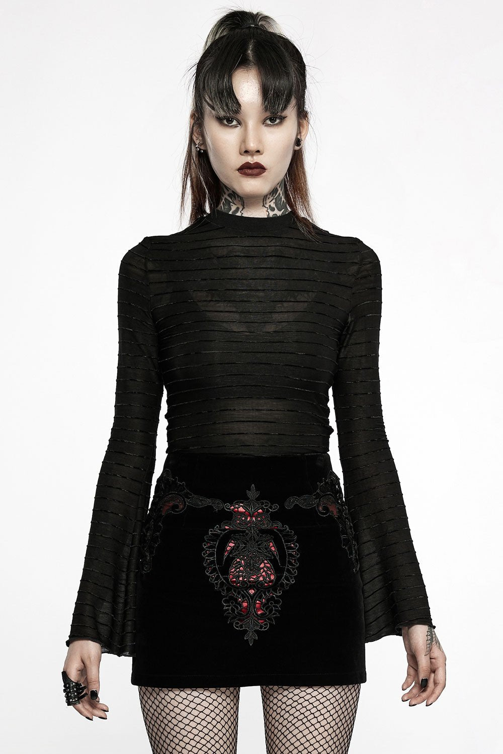 Asymmetric Mesh Striped Top - womens tops - VampireFreaks - Punk Rave