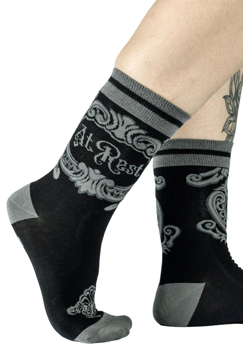 punk goth at rest crew socks in black and gray