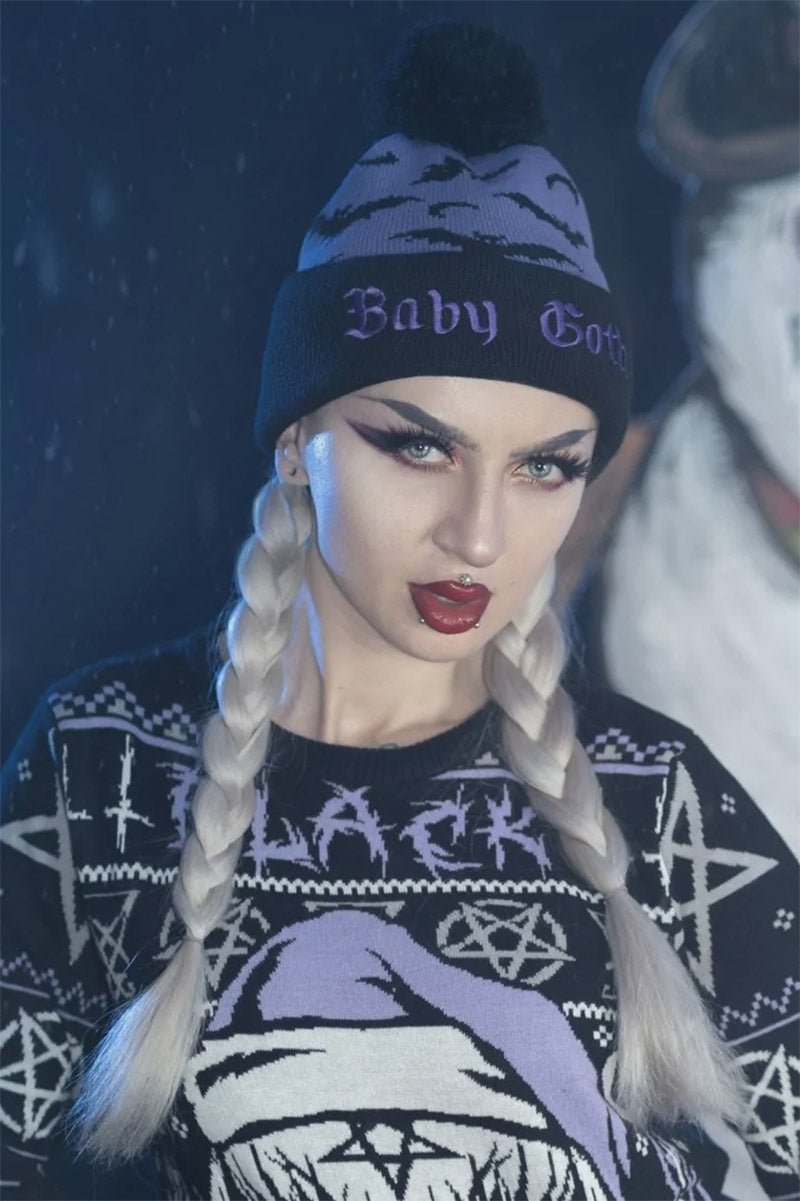 Baby Goth and Bats Pom Pom Knit Beanie - hats & scarves & headwear - VampireFreaks - Too Fast