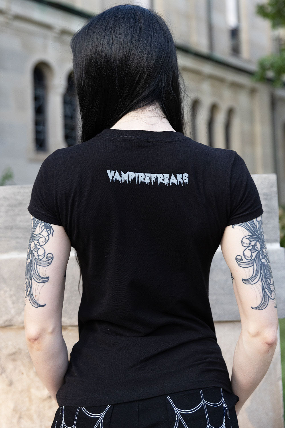 VampireFreaks logo on back of womens printed cotton tshirt
