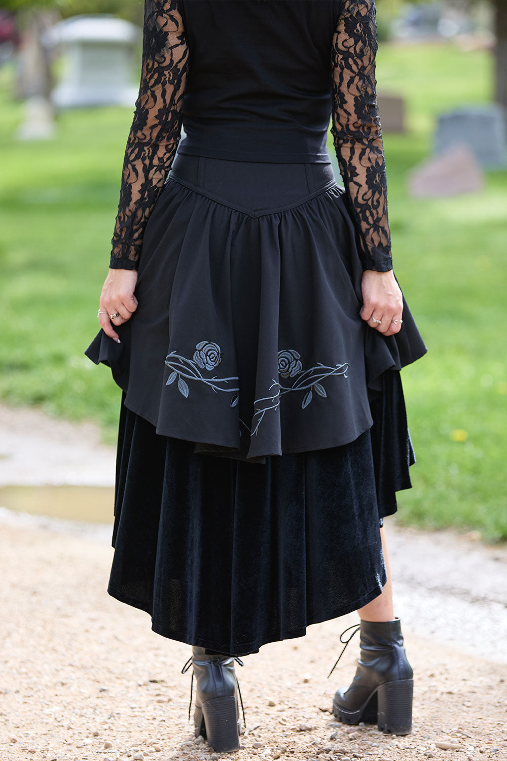 high waisted romantic black embroidered corset high low hem skirt with grey thorn embroidery on back