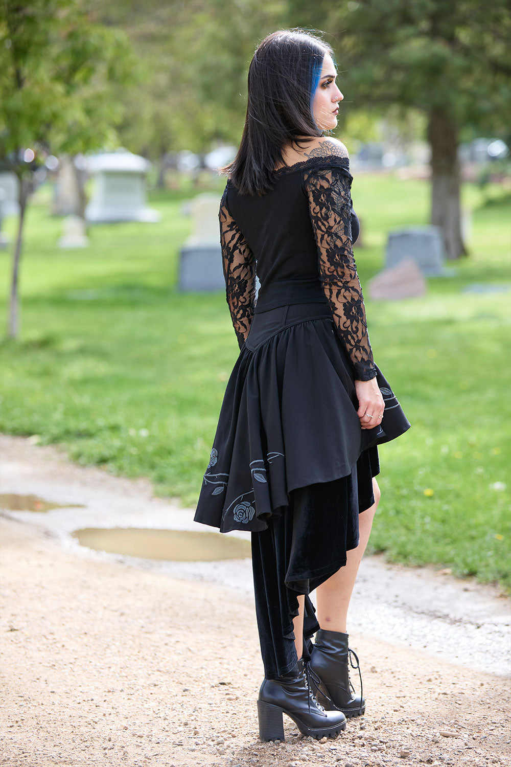 goth punk womens long sleeve top with lace and thumbholes