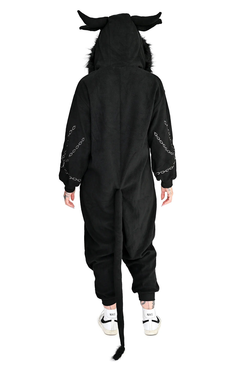 Punk emo Krampus onesie for alternative fashion fans who embrace dark festive outfits and gothic streetwear