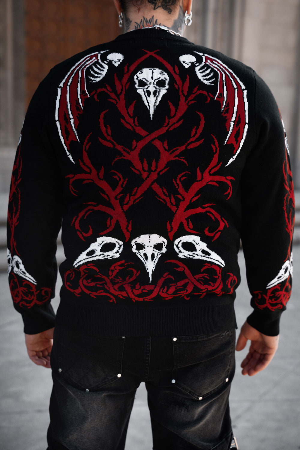 unisex gothic plague doctor knitwear with dark horror inspired pattern for alternative streetwear and heavy metal fashion