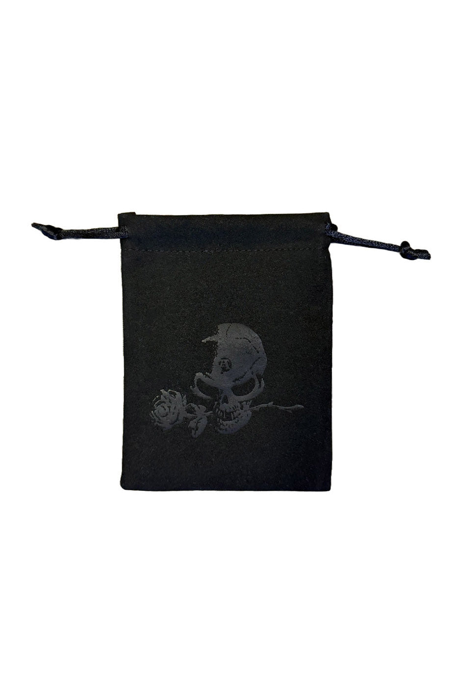 A small black drawstring pouch with a dark gray skull and rose graphic printed on the front, shown against a plain white background.