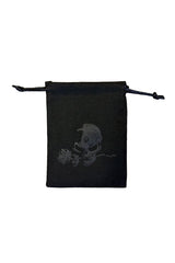 A small black drawstring pouch with a dark gray skull and rose graphic printed on the front, shown against a plain white background.