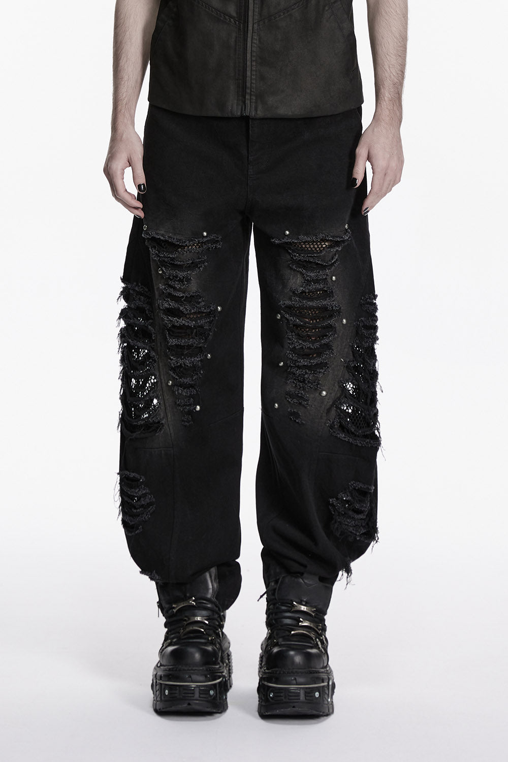 fishnet denim mens distressed black baggy pants