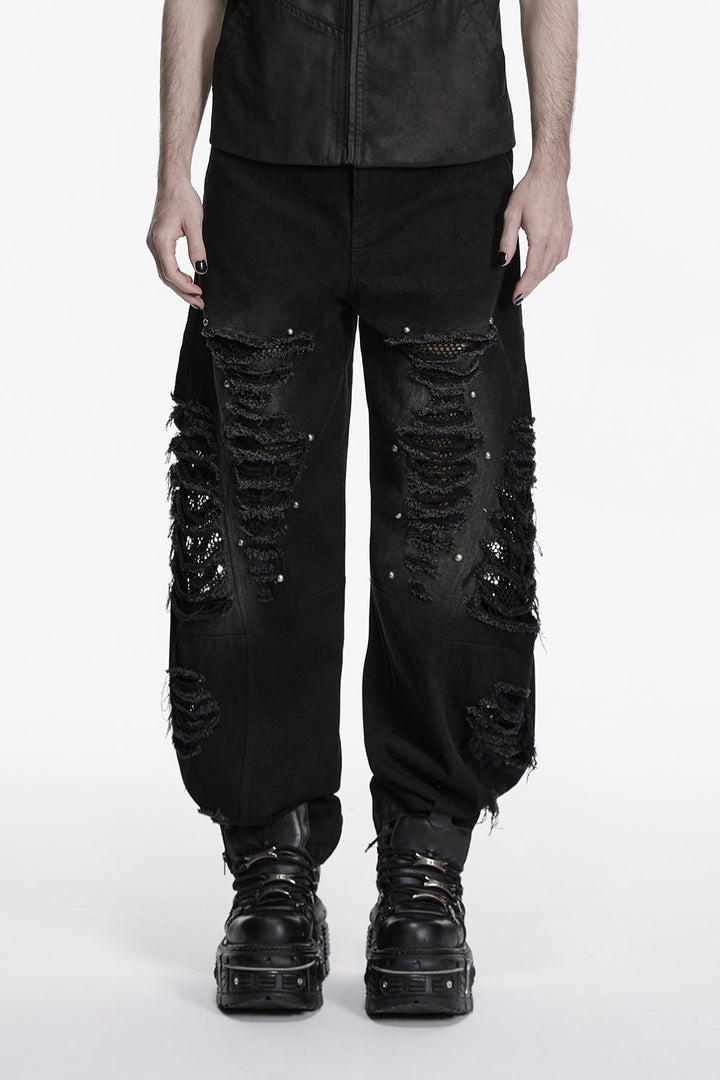 fishnet denim mens distressed black baggy pants