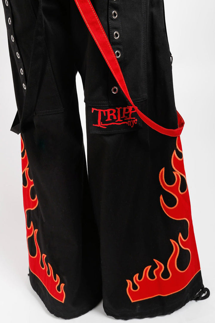 menes blackl baggy pants with embroidered fire flames