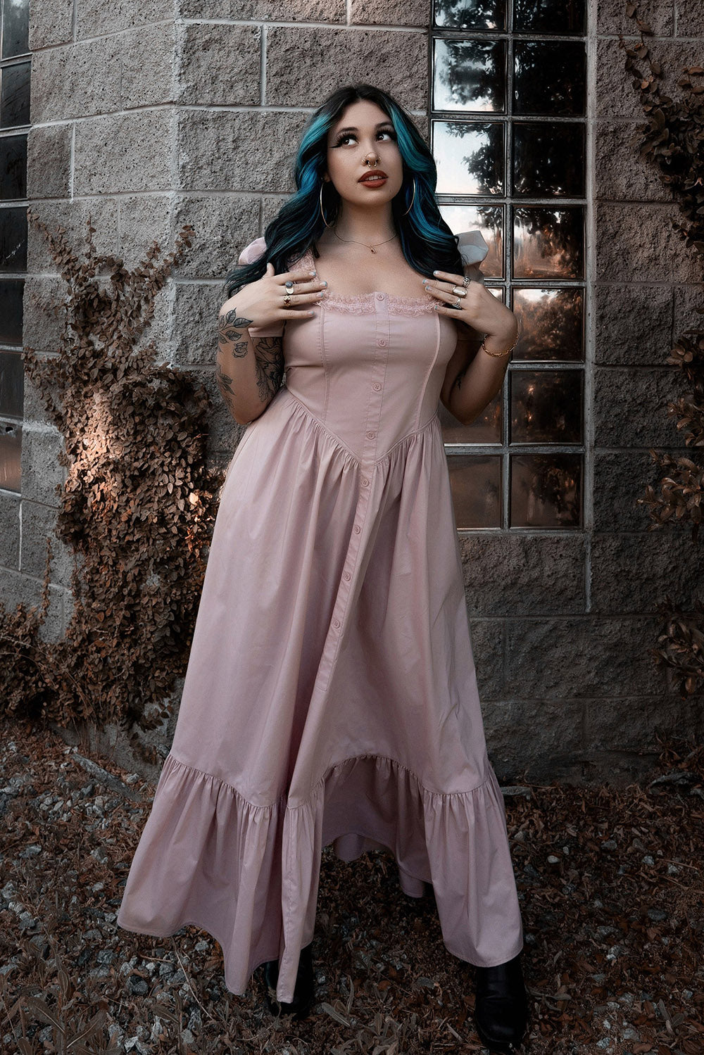 square neckline pink long dress