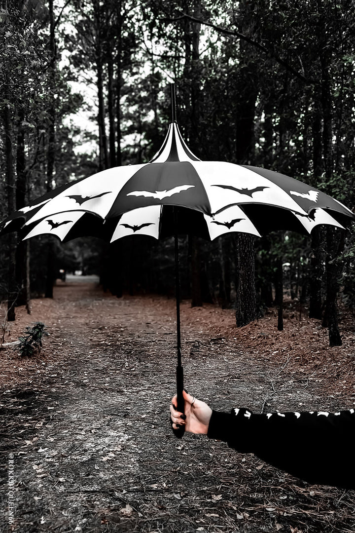 vintage goth inspired black and white striped foldable umbrella 