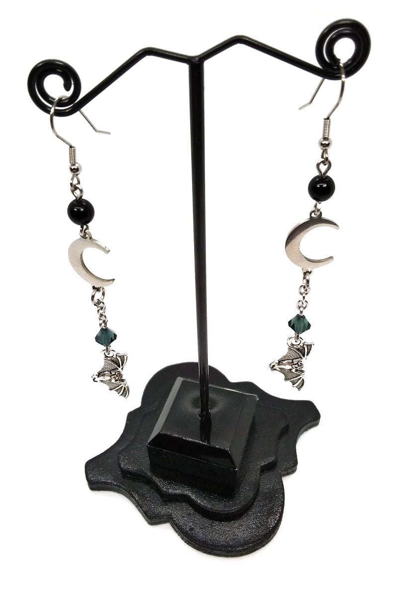 Bat and Moon Earrings - jewelry - VampireFreaks - Junkyard Bat