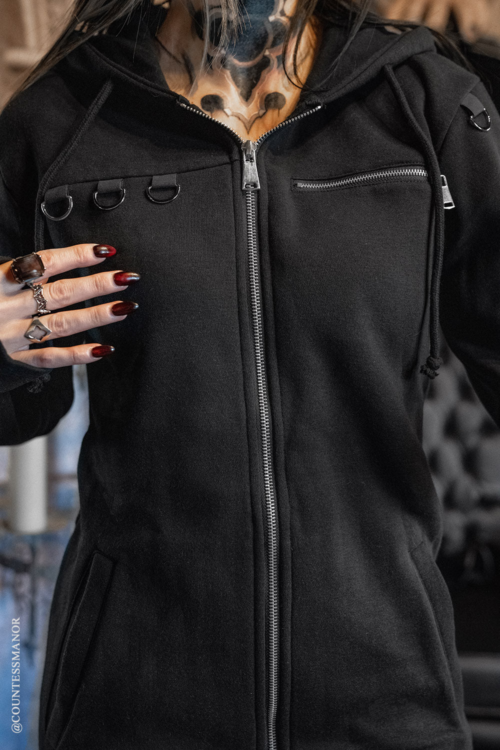 gothic hoodie with d rings and zippered pockets