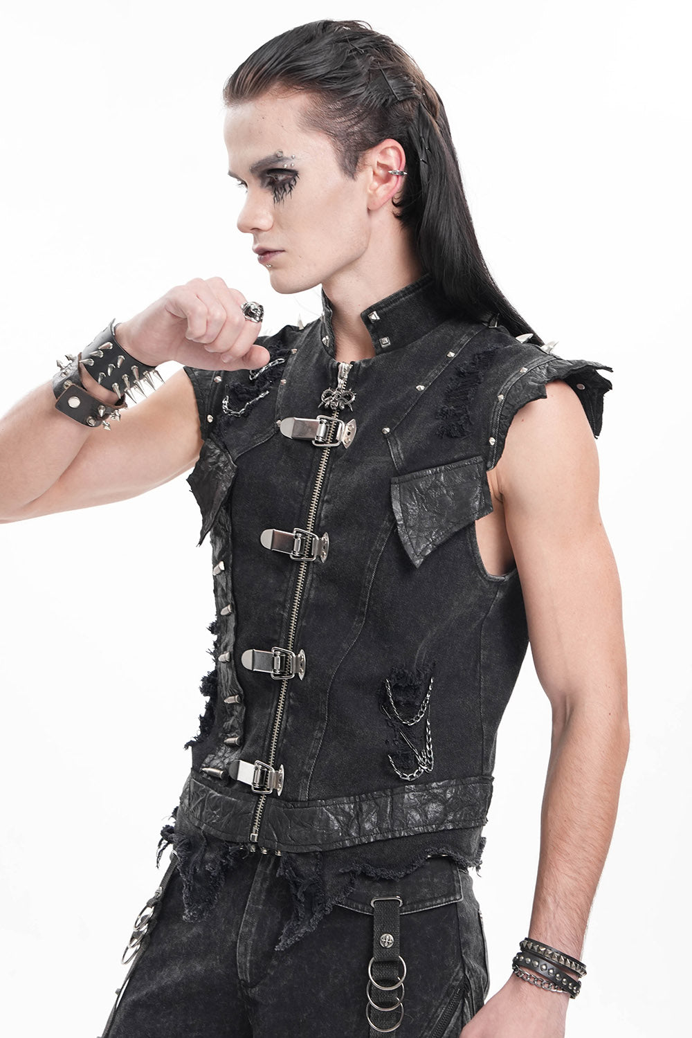 mens black denim grunge goth tattered vest