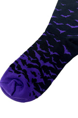 gothic Black sock with purple bat pattern on a white background