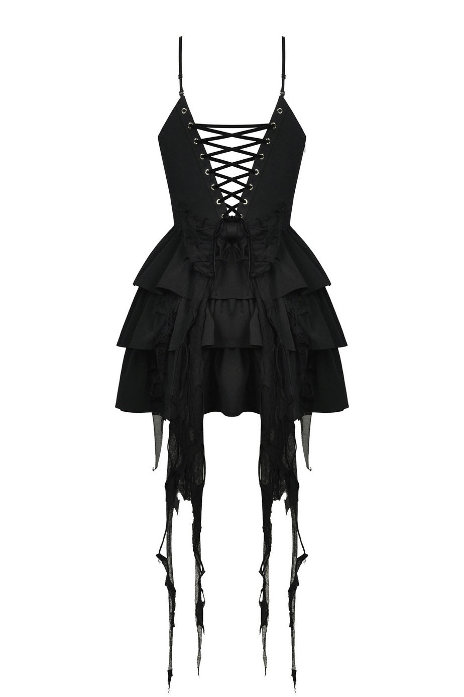 witchy corset tattered black mini ruffle dress