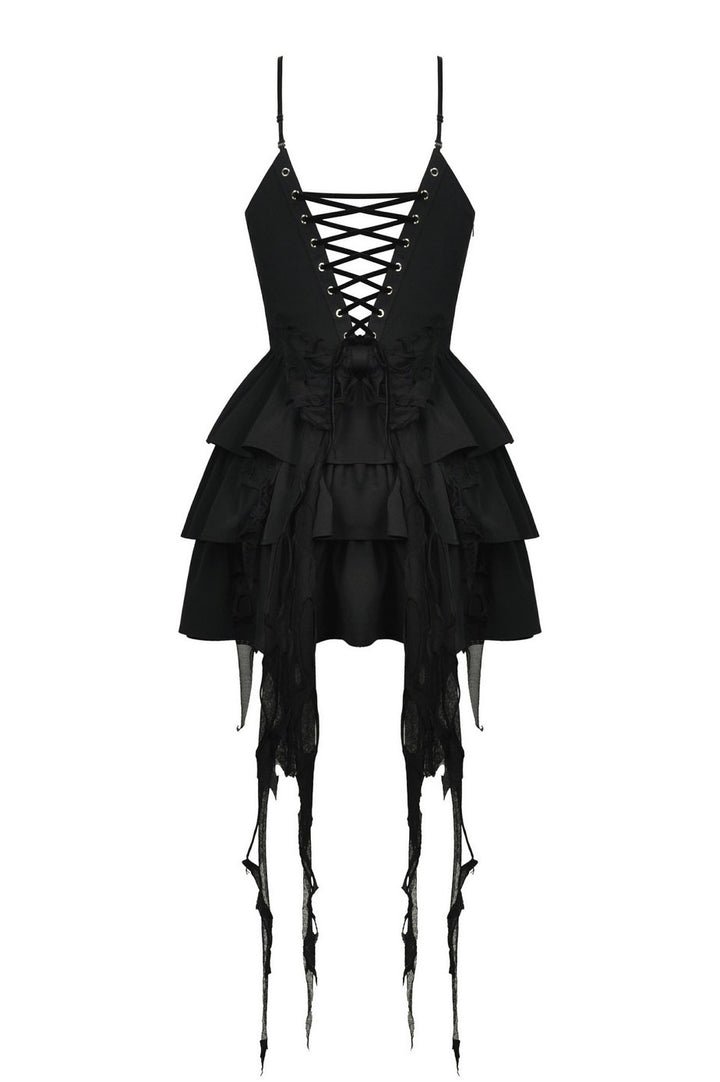witchy corset tattered black mini ruffle dress