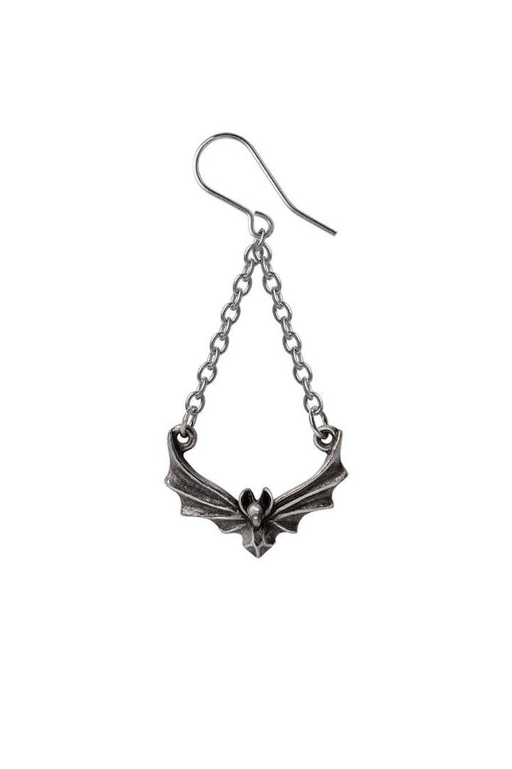 Silver bat-shaped earring with a chain on a white background