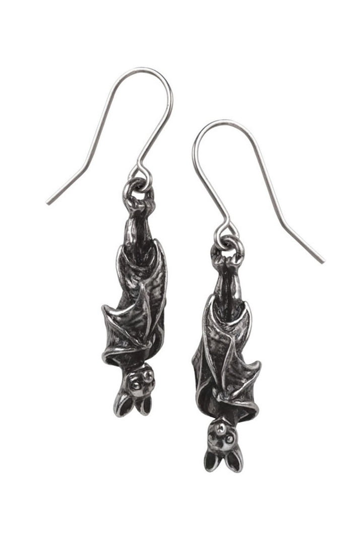 Pair of silver bat-shaped earrings on a white background