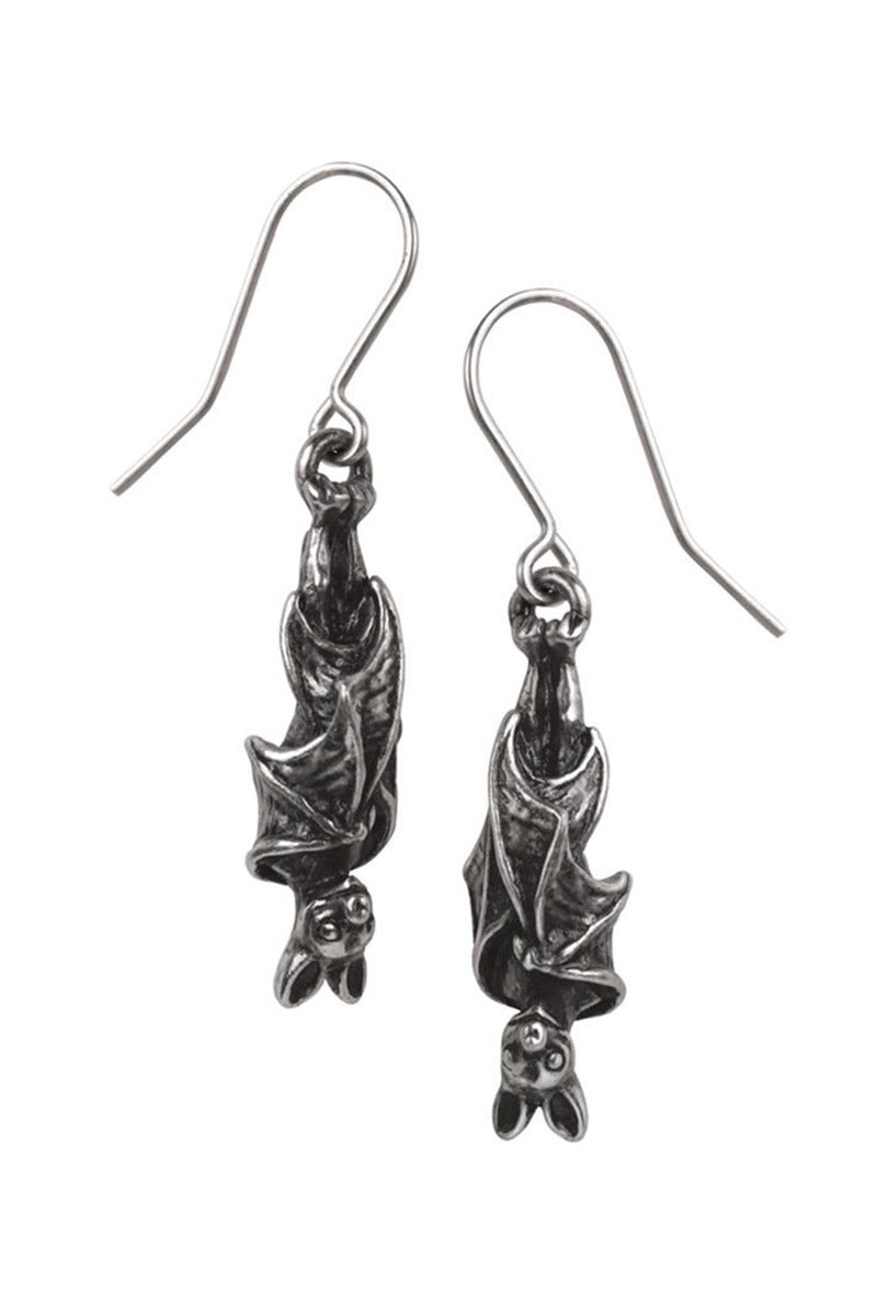 Pair of silver bat-shaped earrings on a white background