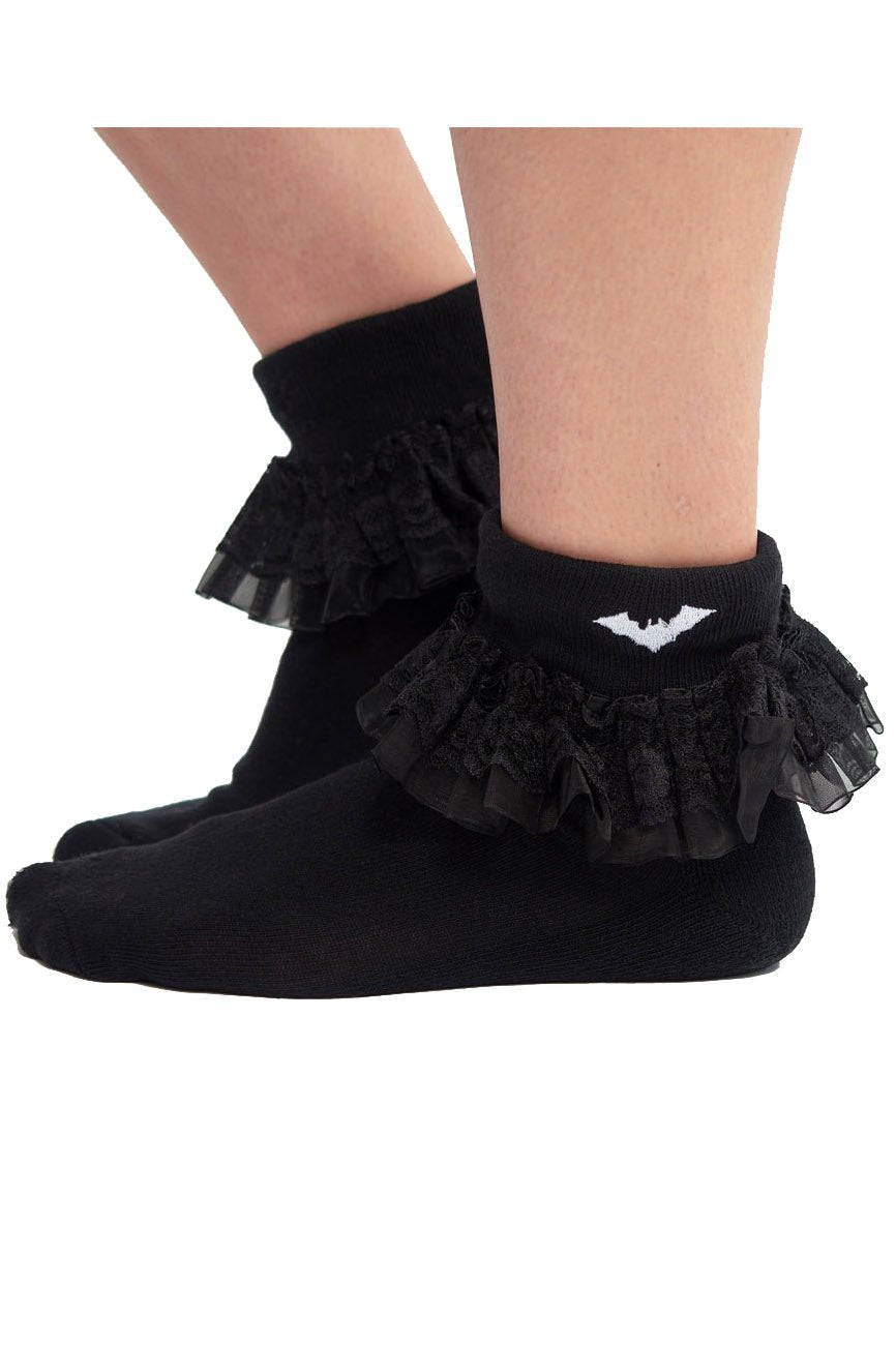 Bat Embroidered Ruffle Ankle Socks [BLACK] - socks & stockings - VampireFreaks - Sourpuss