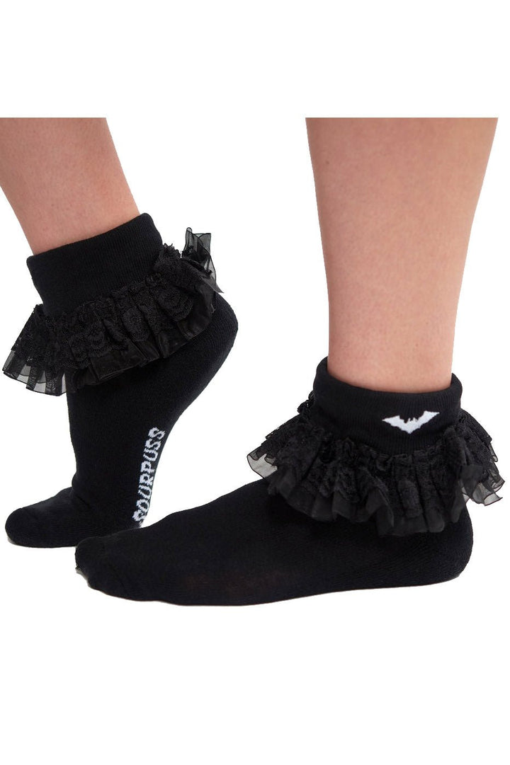 Bat Embroidered Ruffle Ankle Socks [BLACK] - socks & stockings - VampireFreaks - Sourpuss