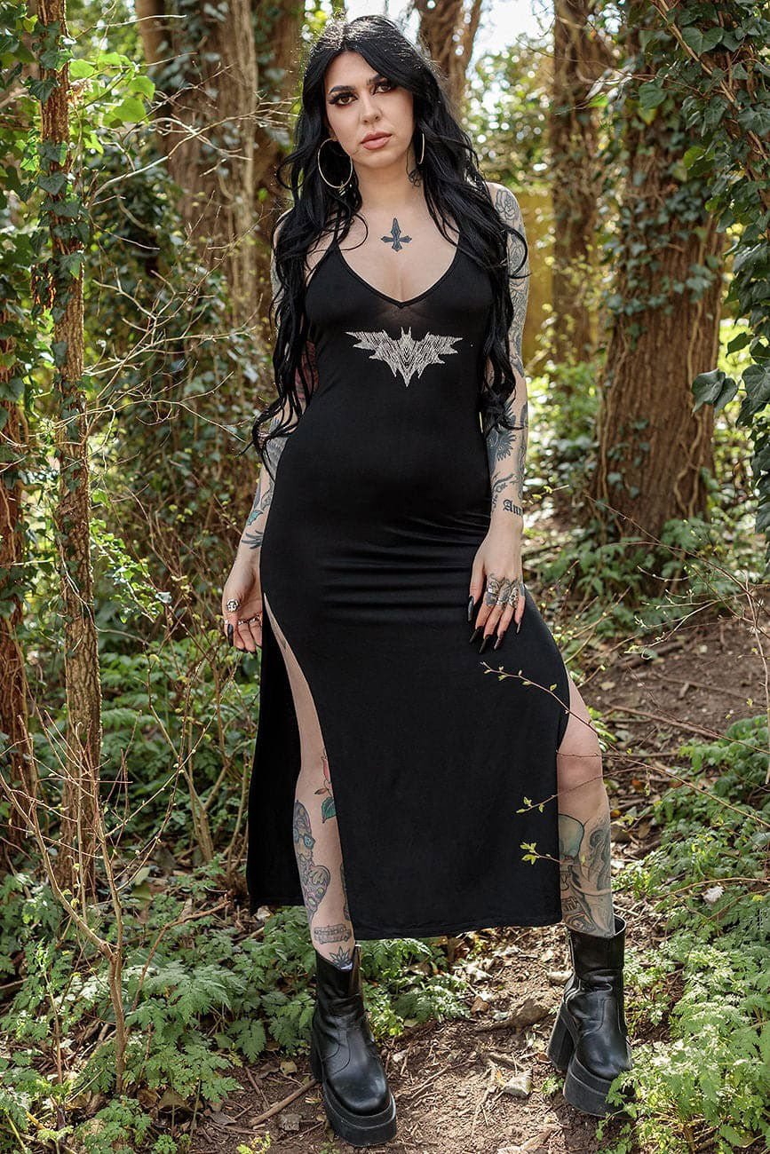 Bat Graphic Print Fitted Maxi Dress With Split - dresses - VampireFreaks - Coven United