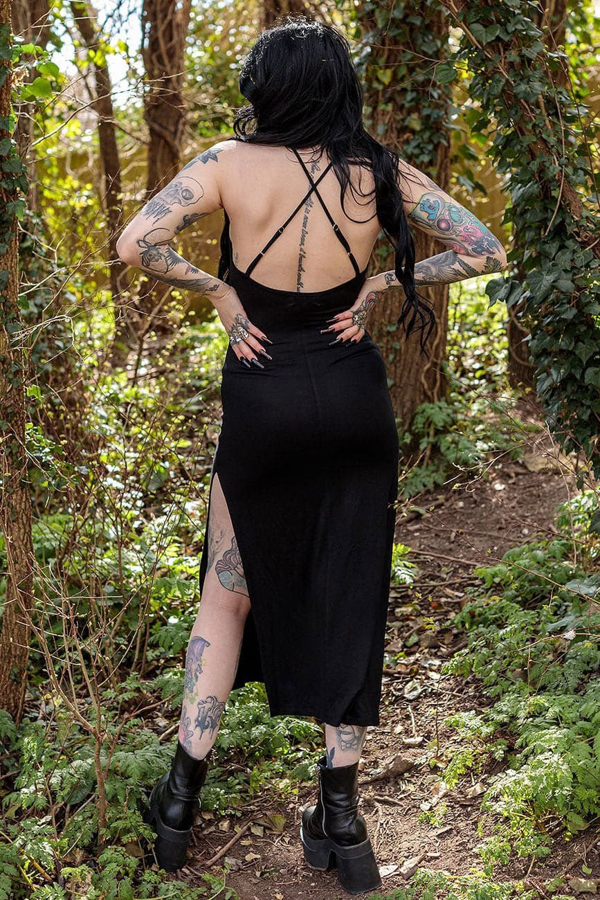 Bat Graphic Print Fitted Maxi Dress With Split - dresses - VampireFreaks - Coven United